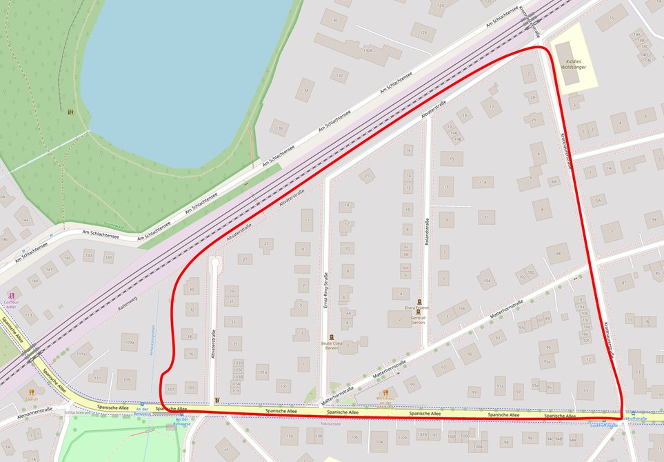 Karte eines Stadtteils in Berlin. Das Untersuchungsgebiet ist rot eingezeichnet.