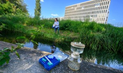 Probenahme an der Berliner Panke mit Probenahme-Material.