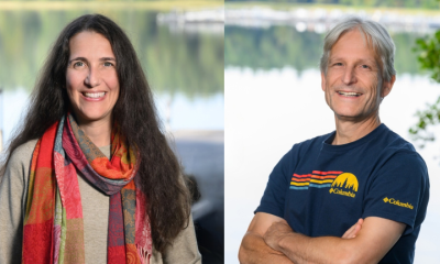 Portraits of the two lead researchers in front of Lake Stechlin.