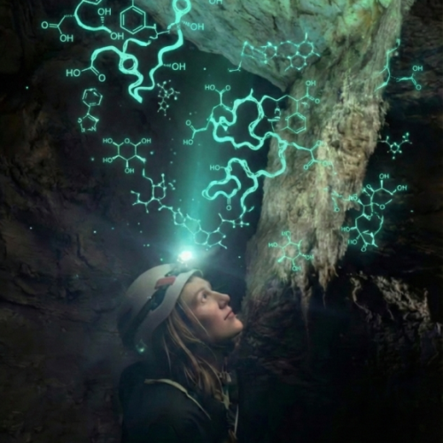 Eine Person mit Schutzhelm und Stirnlampe steht im Profil in einer dunklen H&ouml;hle und blickt nach oben zu einer Felsformation. Digital &uuml;berlagerte, leuchtend t&uuml;rkisfarbene Grafiken von DNA-Doppelhelices und chemischen Molek&uuml;lstrukturen schweben &uuml;ber der Person und scheinen aus dem Gestein zu entspringen, was wissenschaftliche Entdeckung symbolisiert.