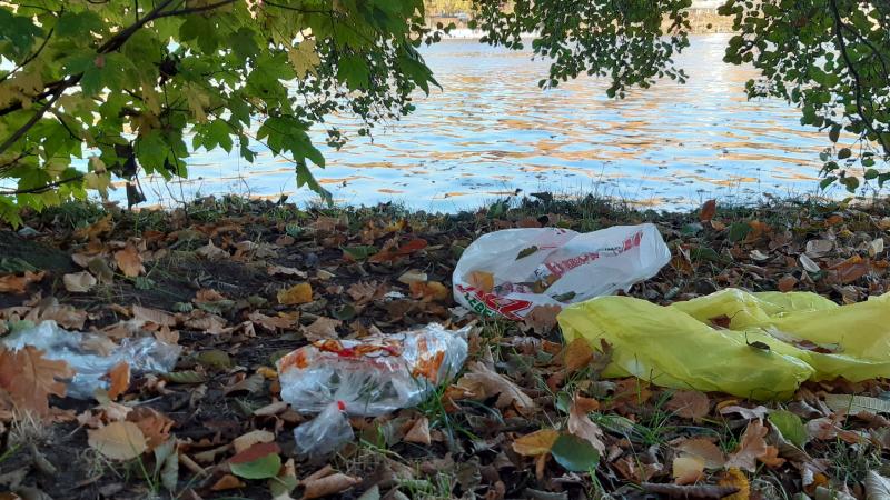 Plastic litter at the riverbanks of Berlin's River Spree 